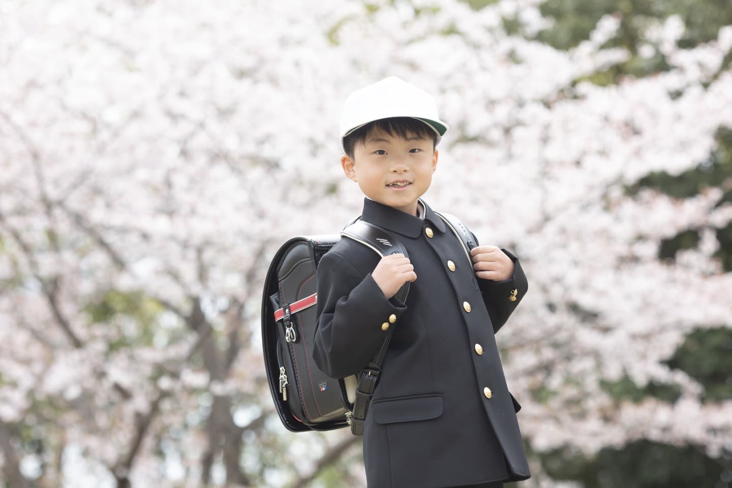 桜の前でランドセルを背負う男の子